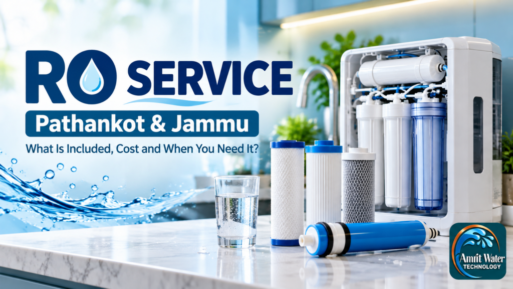 RO service in Pathankot and Jammu by Amrit Water Technology, featuring a water purifier, replacement filters, and RO maintenance equipment.